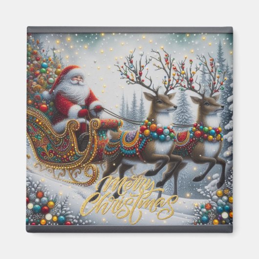 Klassischer Weihnachtsmann und Rentiere Magnet (Vorne)