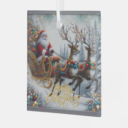 Klassischer Weihnachtsmann und Rentiere Ornament Aus Glas (Vorderseite links)