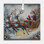 Klassischer Weihnachtsmann und Rentiere Ornament Aus Glas (Rückseite)