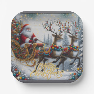 Klassischer Weihnachtsmann und Rentiere Pappteller