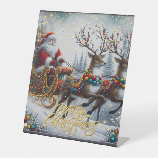 Klassischer Weihnachtsmann und Rentiere Sockelschild (Vorderseite)