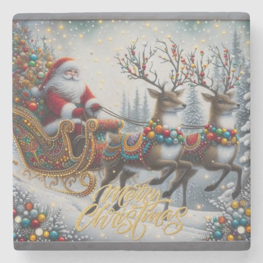 Klassischer Weihnachtsmann und Rentiere Steinuntersetzer (Vorderseite)