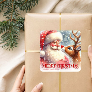 Klassischer Weihnachtsmann und Rudolph personalisi Quadratischer Aufkleber