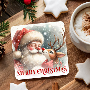 Klassischer Weihnachtsmann und Rudolph Süße Weihna Rechteckiger Pappuntersetzer