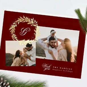 Klassischer Weihnachtsmonogramm-Kranz mit zwei Fot Folien Feiertagskarte