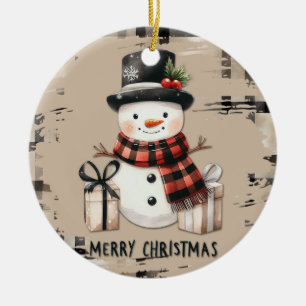 Klassischer Weihnachtsschneemann auf einem kariert Keramik Ornament