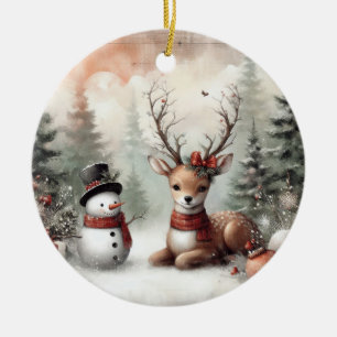 Klassischer Weihnachtswald Hirsch/Schneemann Keramik Ornament