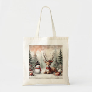 Klassischer Weihnachtswald Hirsch/Schneemann Tragetasche