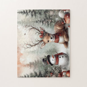 Klassischer Weihnachtswald mit Hirsch und Schneema Puzzle