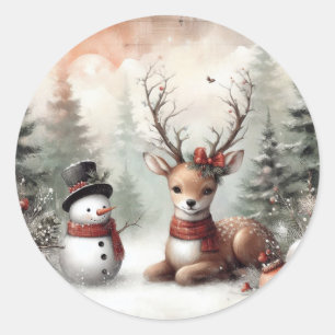 Klassischer Weihnachtswald mit Hirschen/Schneemann Runder Aufkleber