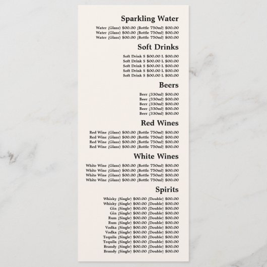 Klassischer Wein & Trauben, Restaurant Slimline Menükarte (Rückseite)