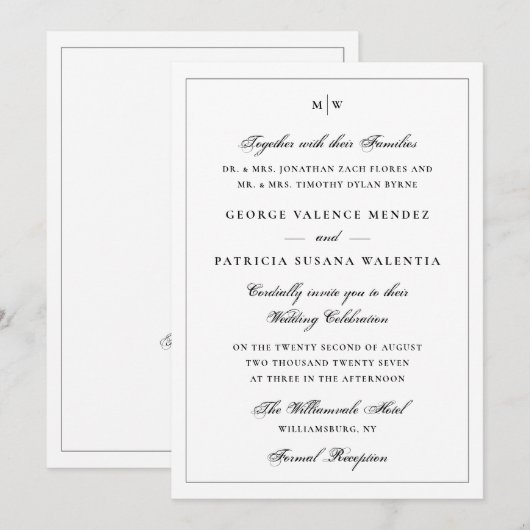 Klassischer Weißer Monogramm-QR-Code zur Hochzeit Einladung (Vorne/Hinten)