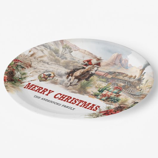 Klassischer Western mit dem Roten Zug des Weihnach Pappteller (Schrägansicht)