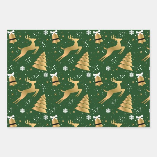 Klassisches 3 Farben Gold Weihnachtsbaum-Muster Geschenkpapier Set (Vorderseite)