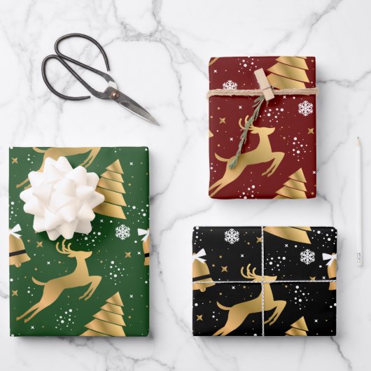 Klassisches 3 Farben Gold Weihnachtsbaum-Muster Geschenkpapier Set (Vorderseite)