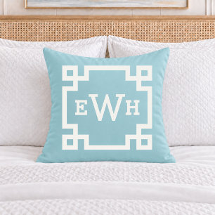 Klassisches Aqua-Griechisches-Schlüssel-Monogramm Kissen