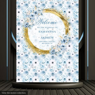 Klassisches Aquarell Staubblau Gold Hochzeitsfoto Wandteppich
