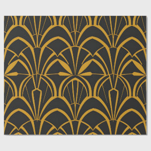 Klassisches Art Deco-Fan-Muster Schwarz Gold Brüll Geschenkpapier
