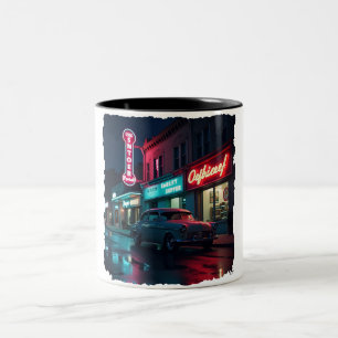 Klassisches Auto aus den 1940er Jahren unter Neonl Zweifarbige Tasse