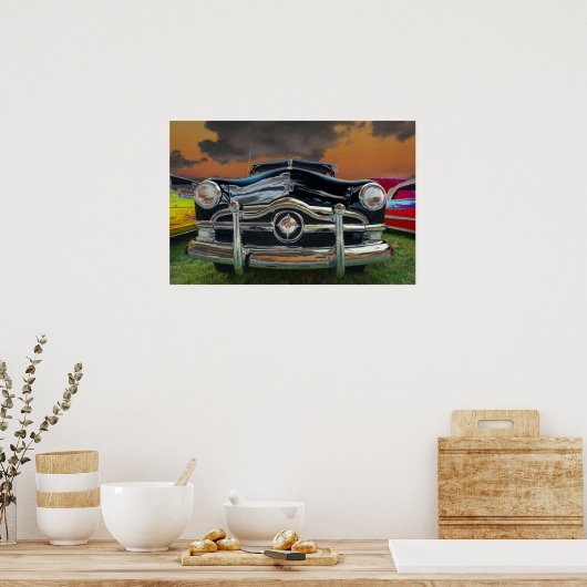 Klassisches Auto bei Sonnenuntergang Poster (Küche)