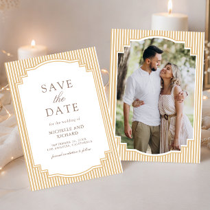 Klassisches Beige-Tan-gestreiftes Hochzeitsfoto Save The Date
