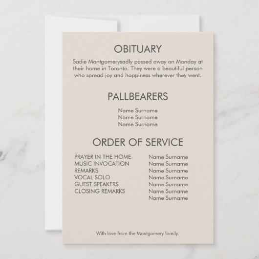 Klassisches Beige-Weiß-Beerdigungsprogramm Einladung (Rückseite)