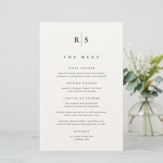 Klassisches Black & Ecru Monogram Wedding Menu (Stehend Vorderseite)