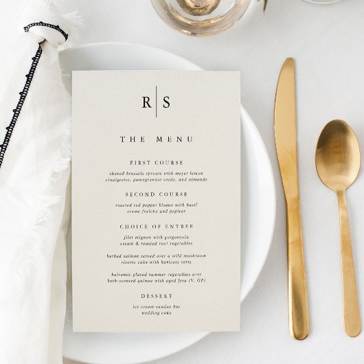 Klassisches Black & Ecru Monogram Wedding Menu