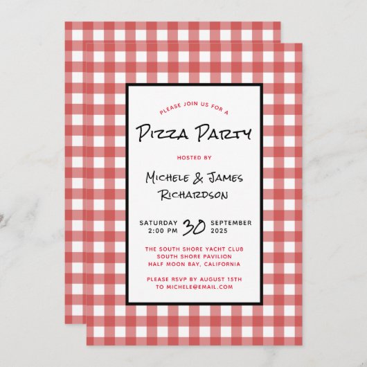 Klassisches Black Red White Gingham Pizza Party Einladung (Vorne/Hinten)
