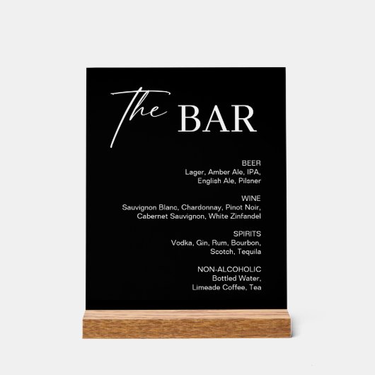 Klassisches Black Wedding Bar Menu Acrylschild (Vorderseite)