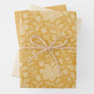 Klassisches Blatt-Blumenkunstmuster auf Ocker-Gelb Geschenkpapier Set