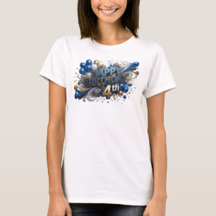 Klassisches Blau HAPPY BIRTHDAY 4TH 3D-Textkunst T-Shirt