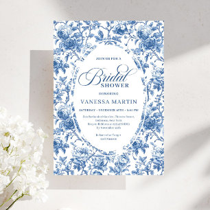 Klassisches Blau Toile de Jouy Florales Brautbad Einladung