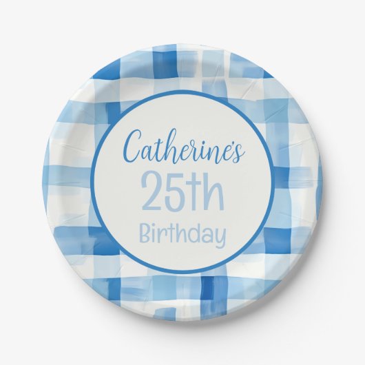 Klassisches Blau und Weiß Gingham Prüfmuster Pappteller (Vorderseite)