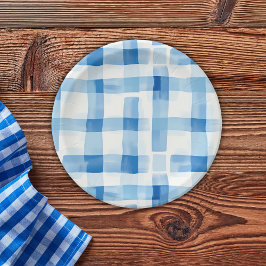 Klassisches Blau und Weiß Gingham Prüfmuster Pappteller