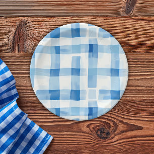 Klassisches Blau und Weiß Gingham Prüfmuster Pappteller
