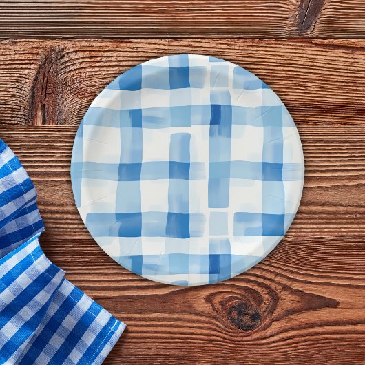 Klassisches Blau und Weiß Gingham Prüfmuster Pappteller