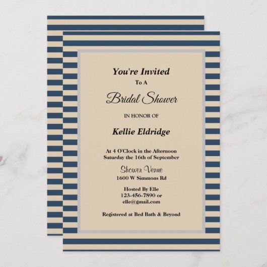 Klassisches Blau/Vanilla Streifen Gerahmtes Brautp Einladung (Vorne/Hinten)