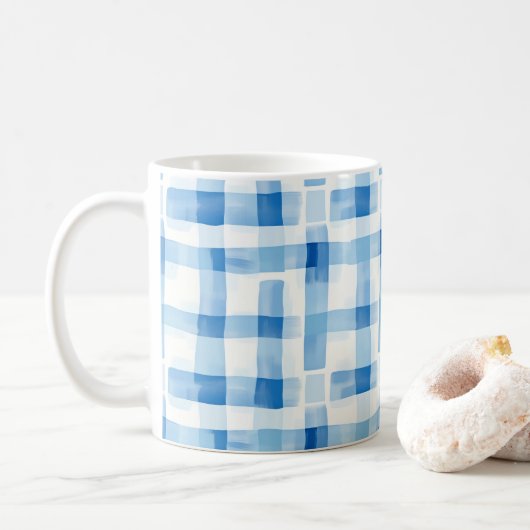 Klassisches Blau-Weiß-Gingham-Karo-Muster Kaffeetasse (Mit Donut)