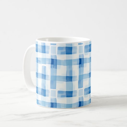 Klassisches Blau-Weiß-Gingham-Karo-Muster Kaffeetasse (Vorderseite Links)