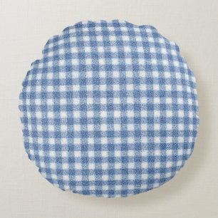 Klassisches Blau-Weiß-Gingham-Karo Rundes Kissen