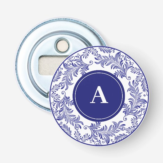 Klassisches Blau-Weiß-Muster Monogramm Initiale Flaschenöffner (Vorderseite)