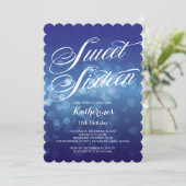 Klassisches blaues Bokeh beleuchtet Bonbon-16. Einladung (Stehend Vorderseite)