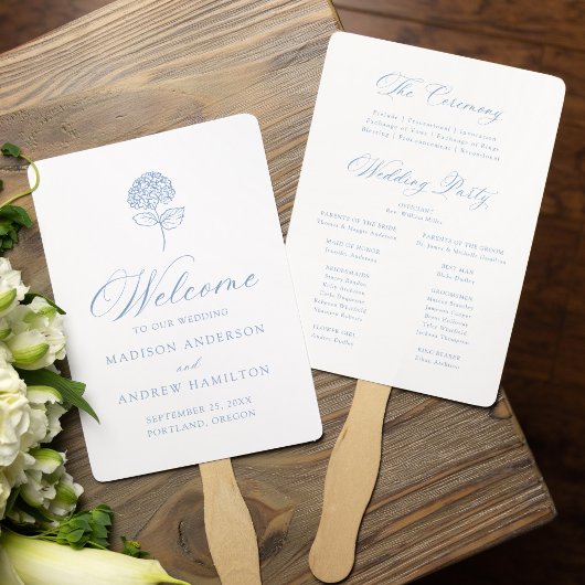 Klassisches blaues Hortensien-Hochzeitsprogramm Fächer
