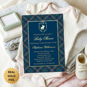 Klassisches blaues Karo-Polo Reit-Babyshower Folieneinladung