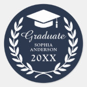 Klassisches Blaues Laurel Wreath Grad Cap Emblem Runder Aufkleber (Vorderseite)