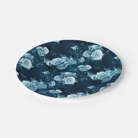 Klassisches blaues Rosen-Muster Pappteller (Schrägansicht)