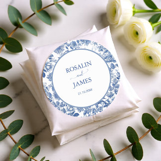 Klassisches blaues Toile-Blumenmuster-Hochzeitssie Runder Aufkleber