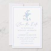 Klassisches Blaues Zantedeschia-Monogramm-Hochzeit Save The Date (Vorderseite)