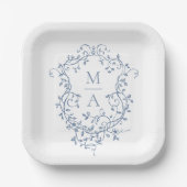 Klassisches Blue Floral Wappen Monogram Wedding Pappteller (Vorderseite)